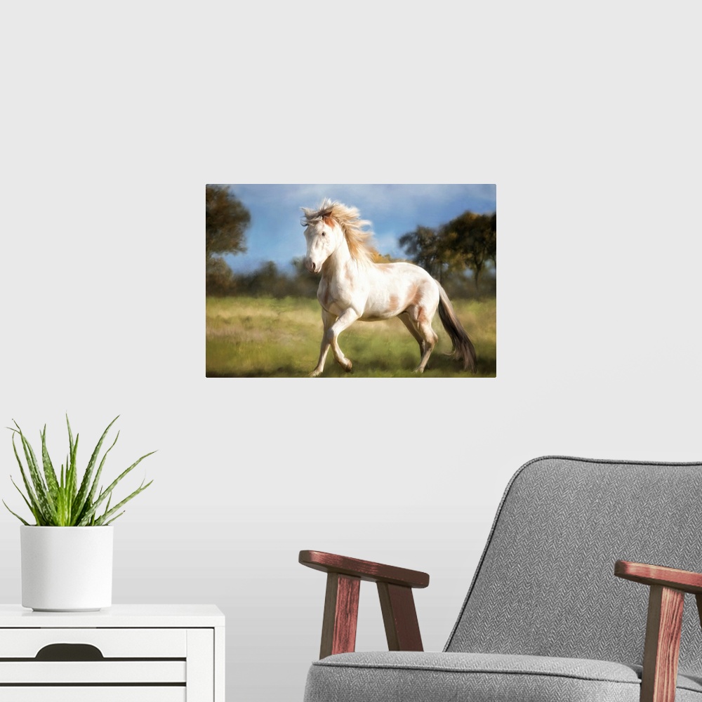 A modern room featuring An image of a white horse trotting through a grassy field.