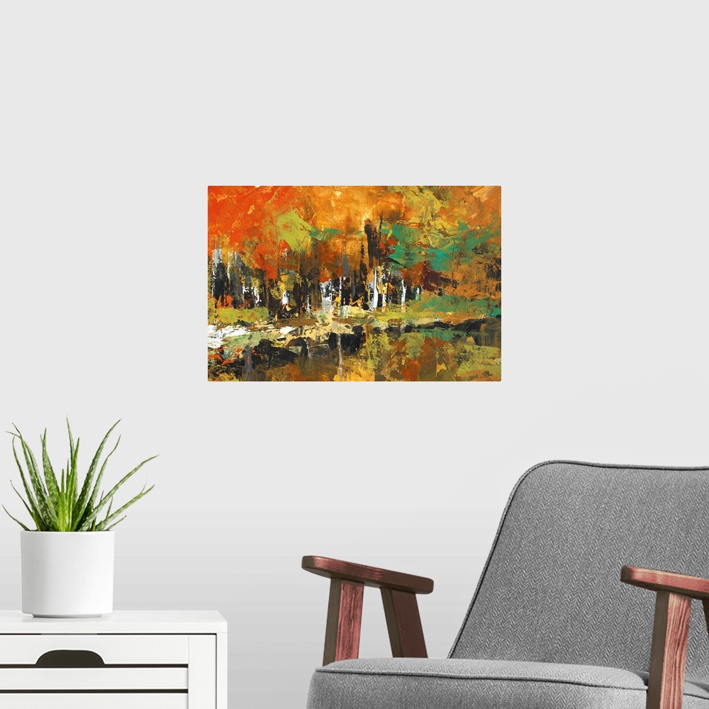 A modern room featuring Abstract landscape  of color fall trees reflected in a pond.