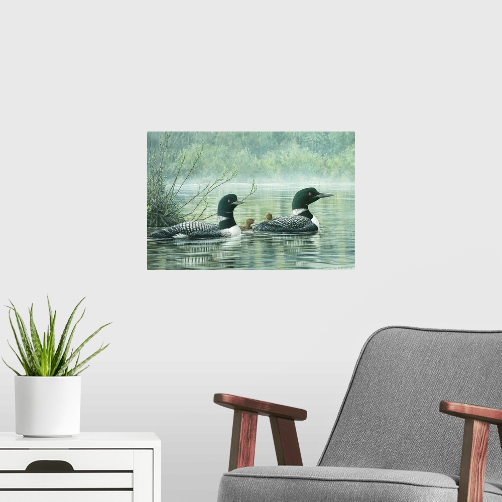 A modern room featuring A contemporary painting of a pair of loons with chicks in a pond with trees in the background.