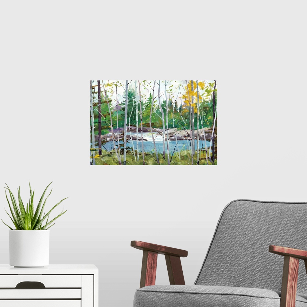 A modern room featuring Contemporary painting of a rocky river with bare trees in the foreground and a forest full of gre...