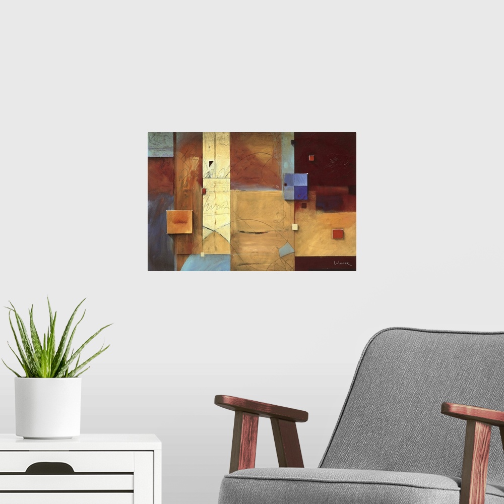 A modern room featuring Abstract painting of squared shapes overlapped with fine lined elements all done in warm colors.