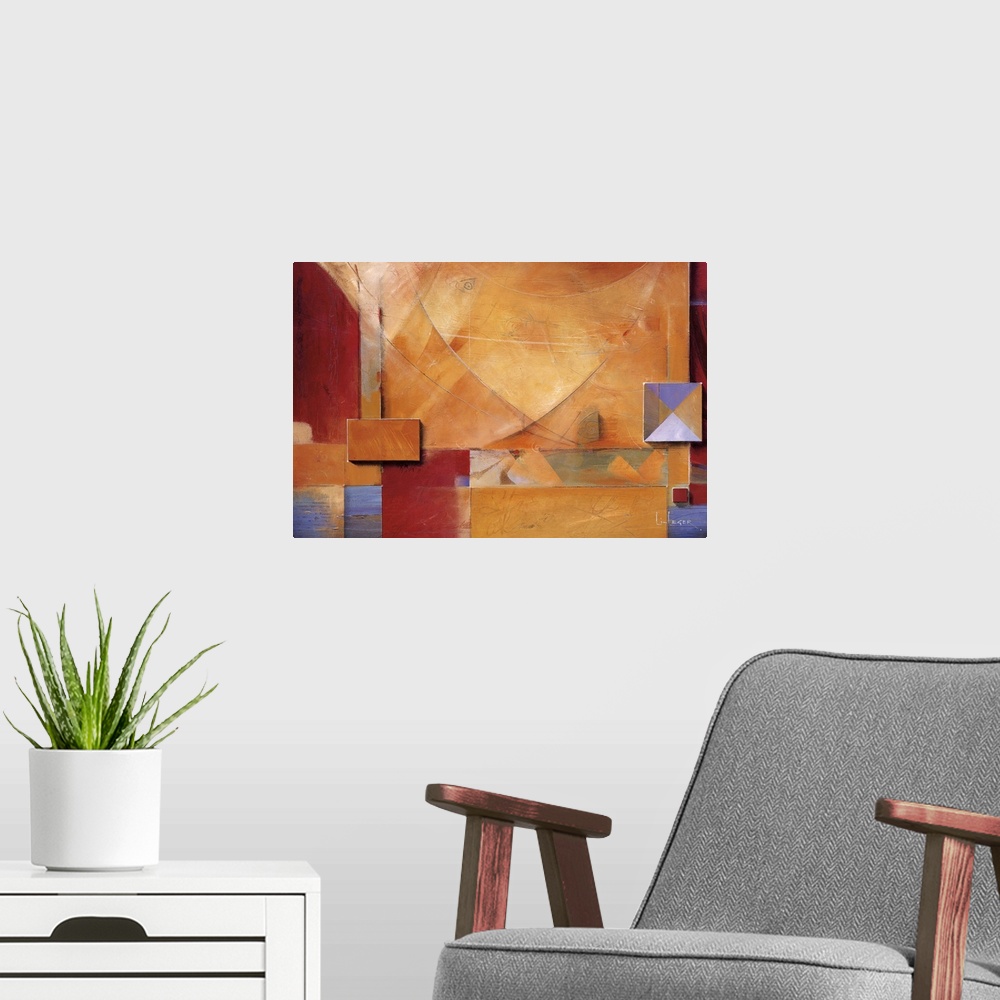 A modern room featuring Abstract painting of squared shapes overlapped with circular and "x" elements in earth colors.