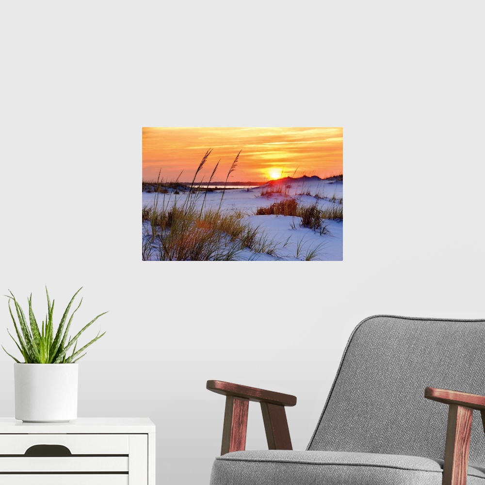 A modern room featuring Photograph of a orange and yellow sunset over sandy dunes on a beach.