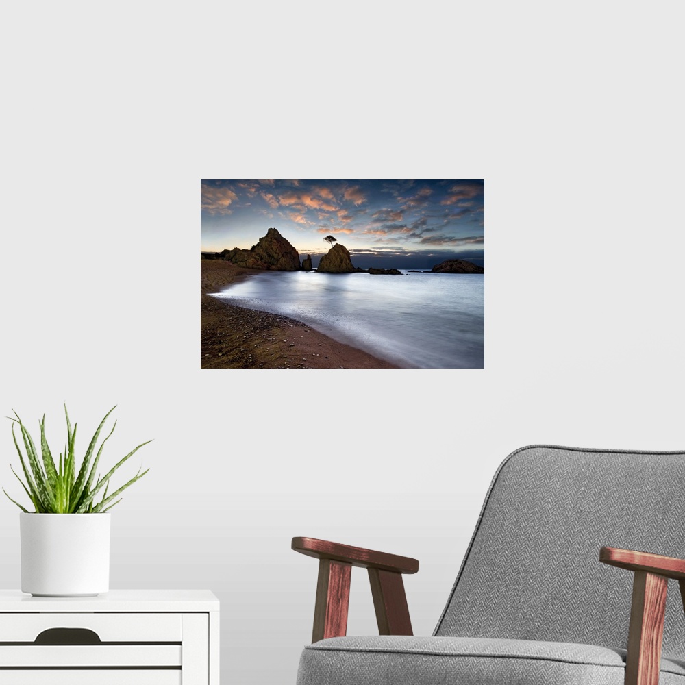 A modern room featuring Photograph of large rocks along a calm seashore with a single tree on top of one of the rocks.