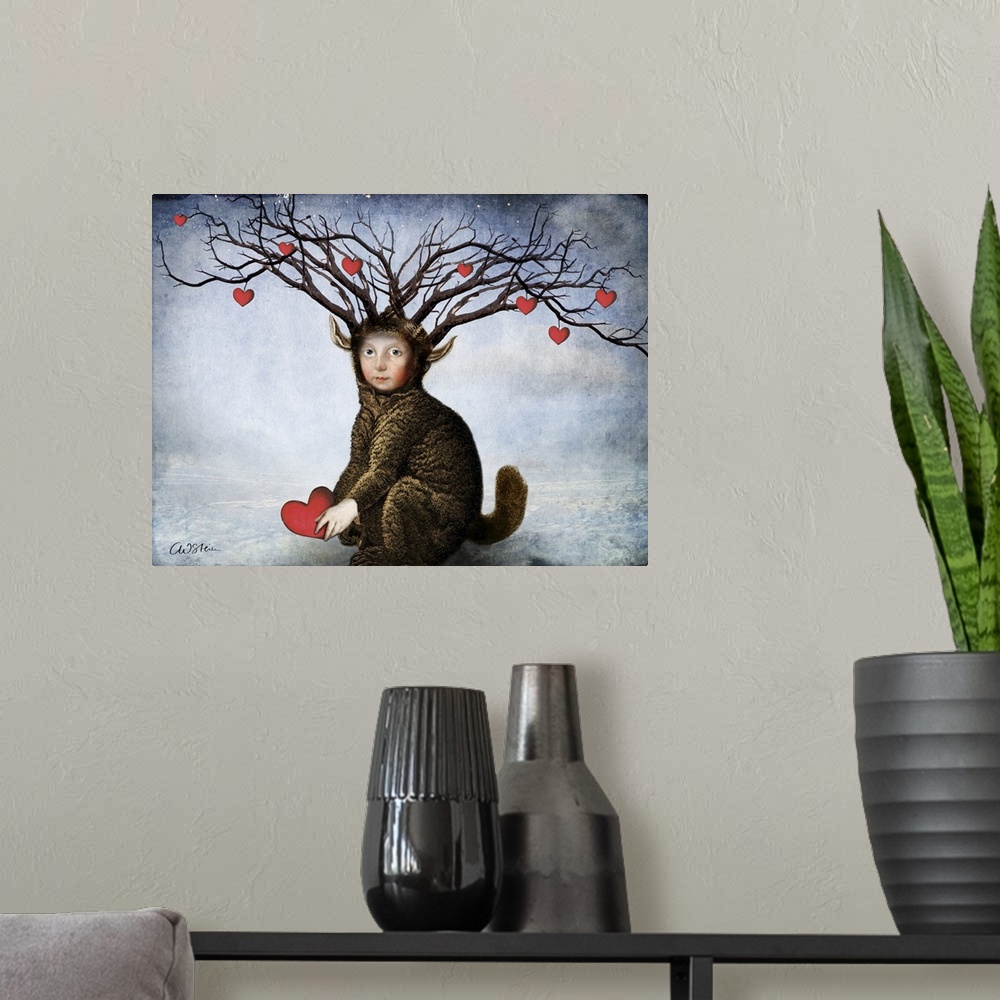 A modern room featuring A horizontal composite of a tree with hearts deriving out of a mythical creature.