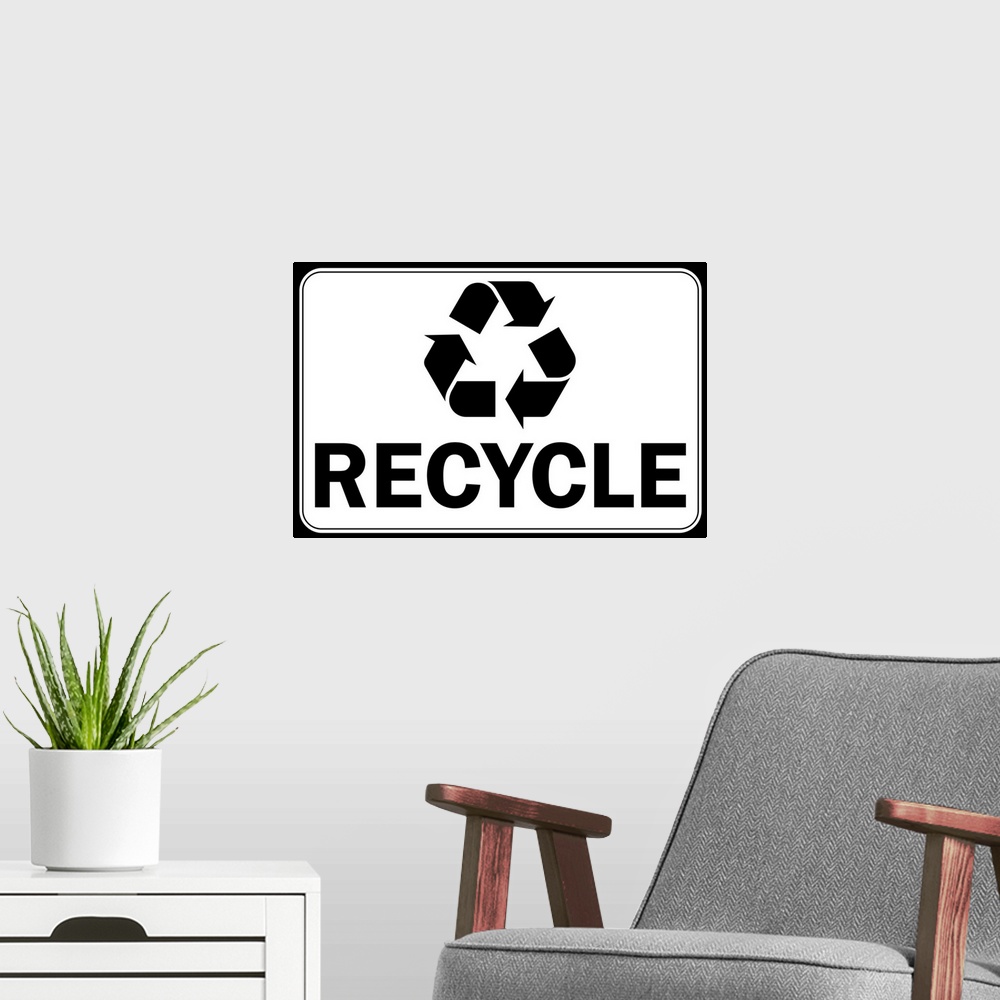 A modern room featuring Recycle with symbol in black and white