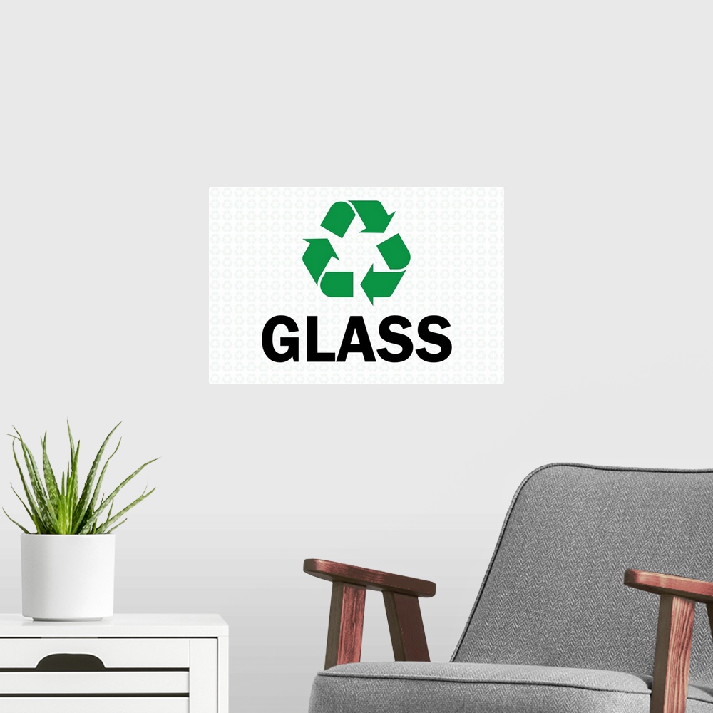 A modern room featuring Green recycling symbol with "Glass" written underneath in black