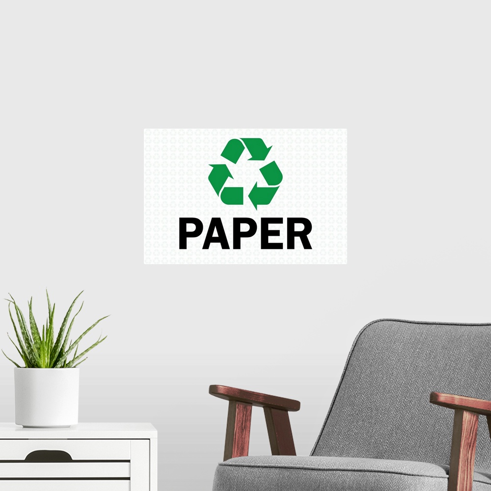 A modern room featuring Green recycling symbol with "Paper" written underneath in black
