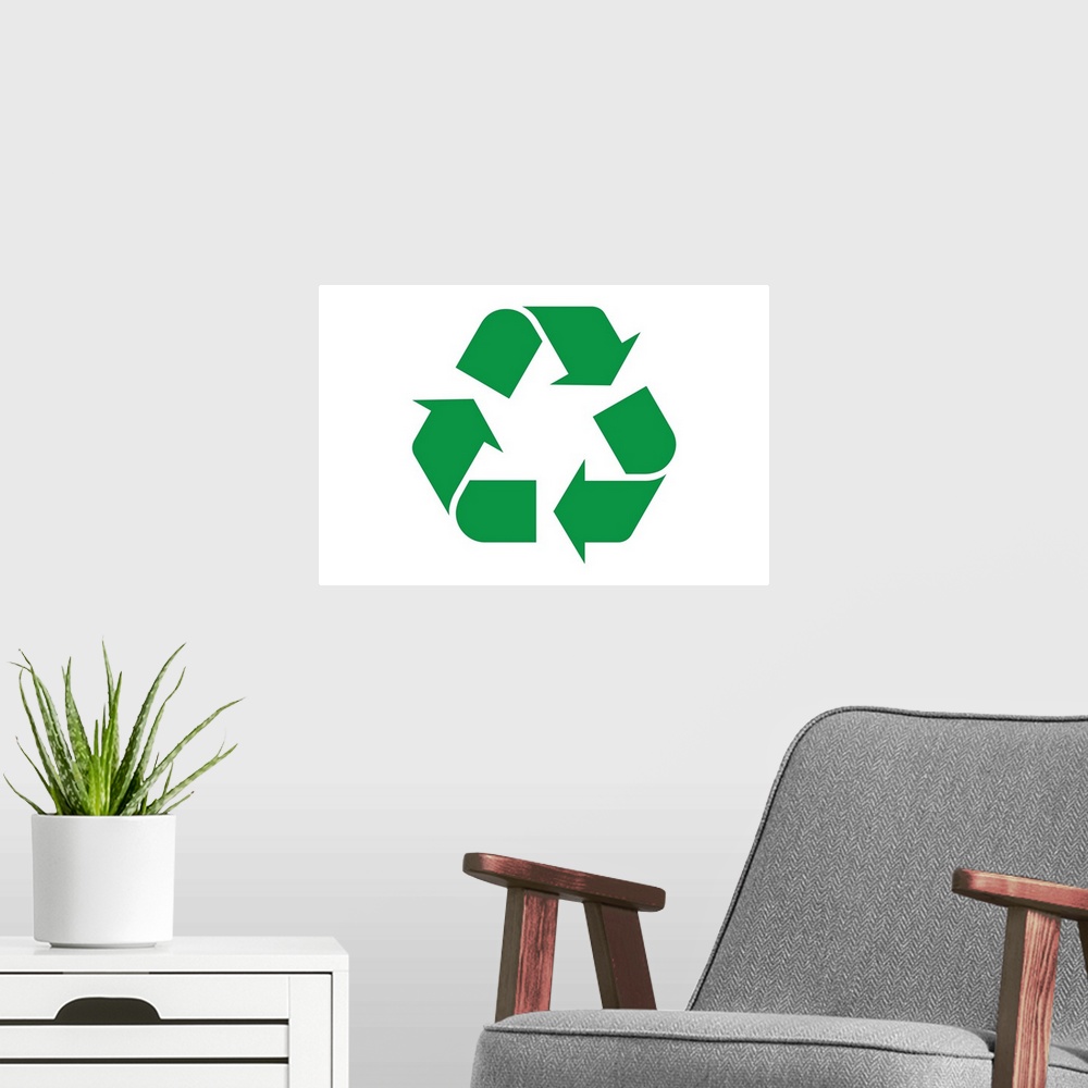 A modern room featuring Green recycling symbol on a white background