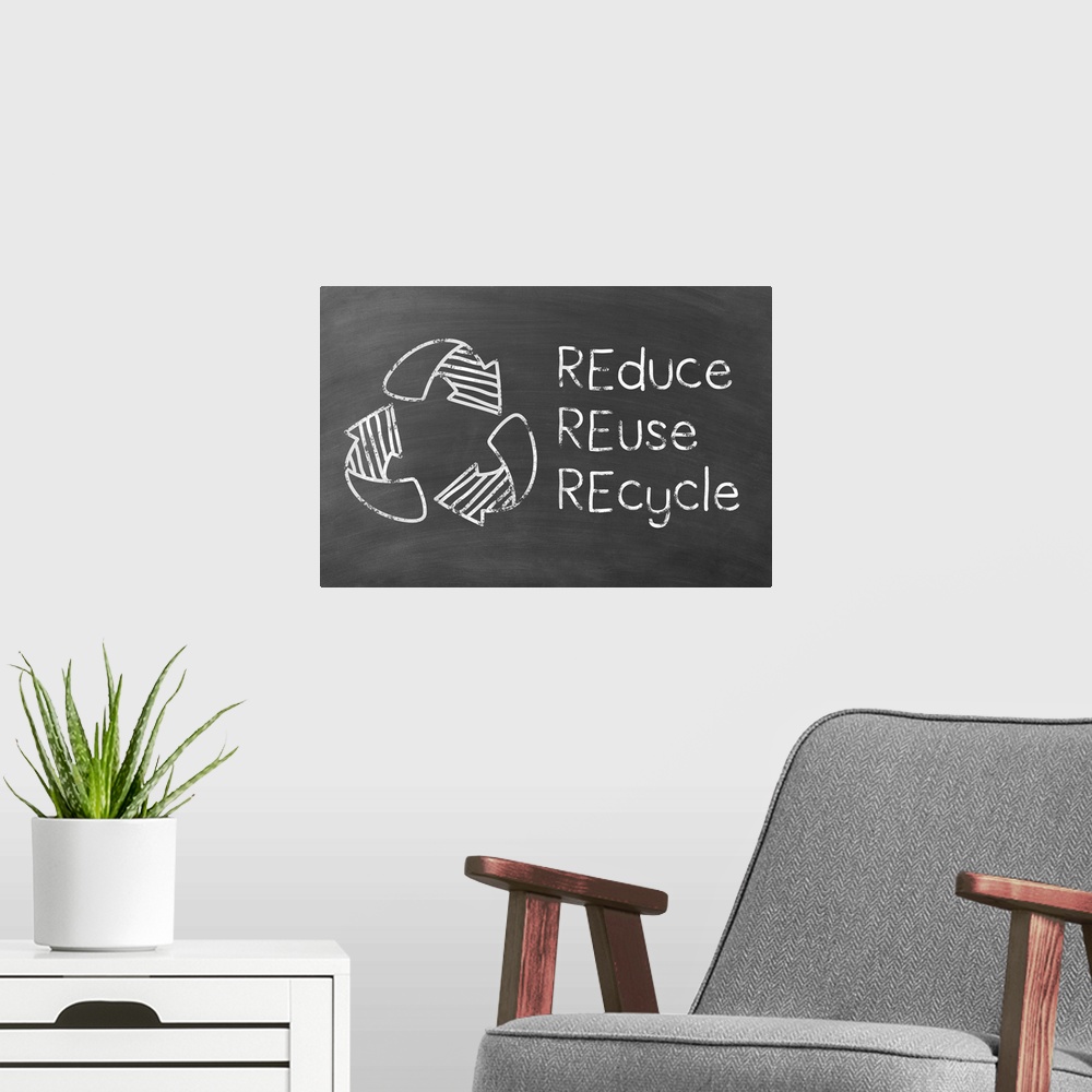 A modern room featuring REduce REuse REcycle and the recycling symbol written in white on a black chalkboard background.