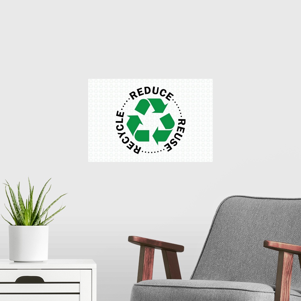 A modern room featuring Reduce Reuse Recycle written in black in a circle around a green recycling symbol