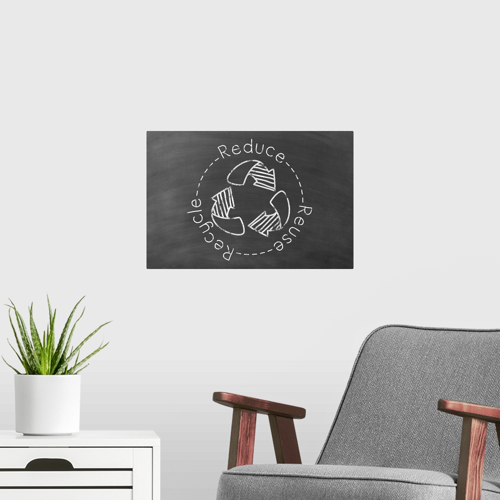 A modern room featuring Reduce Reuse Recycle written in white in a circle around a recycling symbol on a black chalkboard...