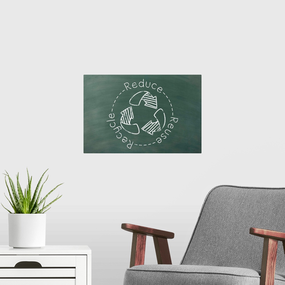 A modern room featuring Reduce Reuse Recycle written in white in a circle around a recycling symbol on a green chalkboard...