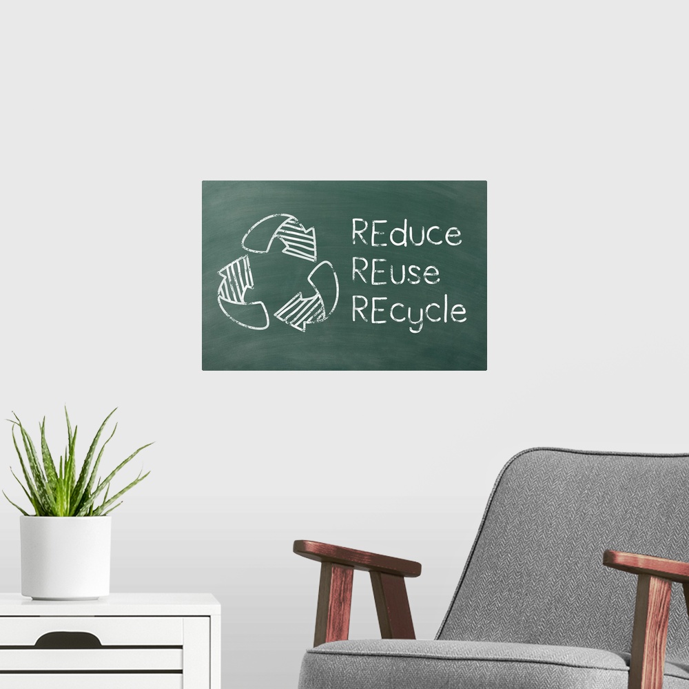 A modern room featuring REduce REuse REcycle and the recycling symbol written in white on a green chalkboard background.
