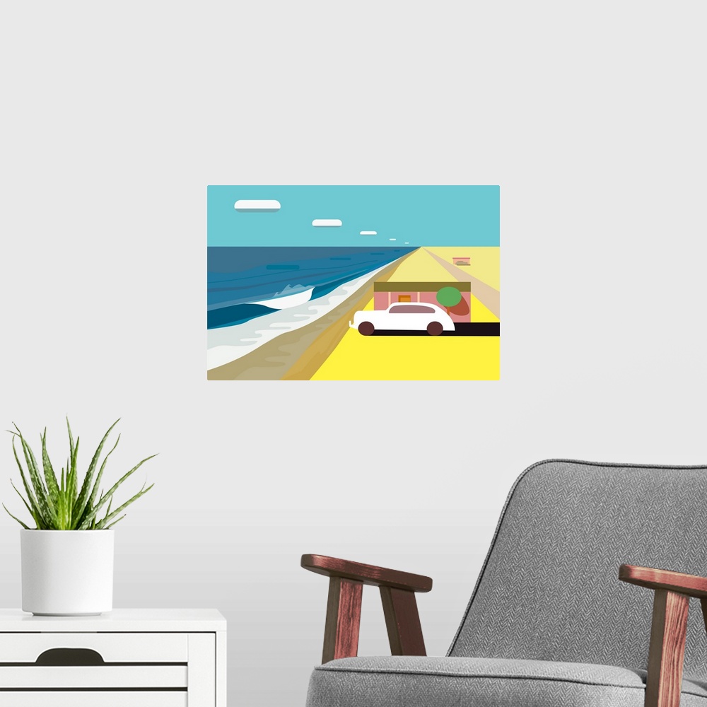 A modern room featuring A horizontal digital illustration of a beach with a single house and a parked car.