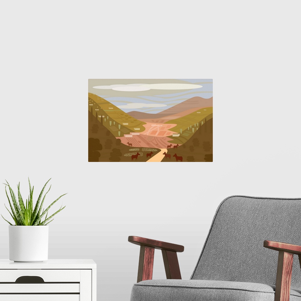 A modern room featuring Cattle Ranching in the west. Illustration and painting