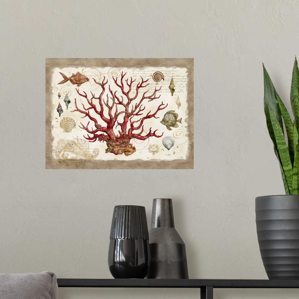 A modern room featuring The elegant shape of coral is captured in this botanical study
