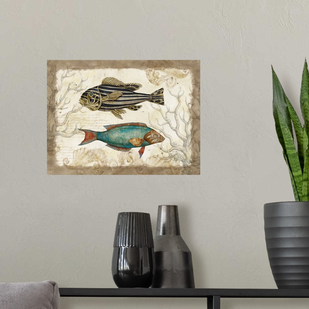 A modern room featuring Botanical fish art perfect for den, study, home decor
