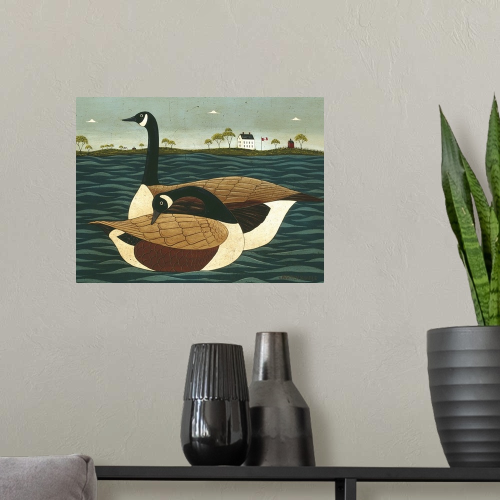 A modern room featuring Painting on canvas of two geese floating in the water with land in the background.