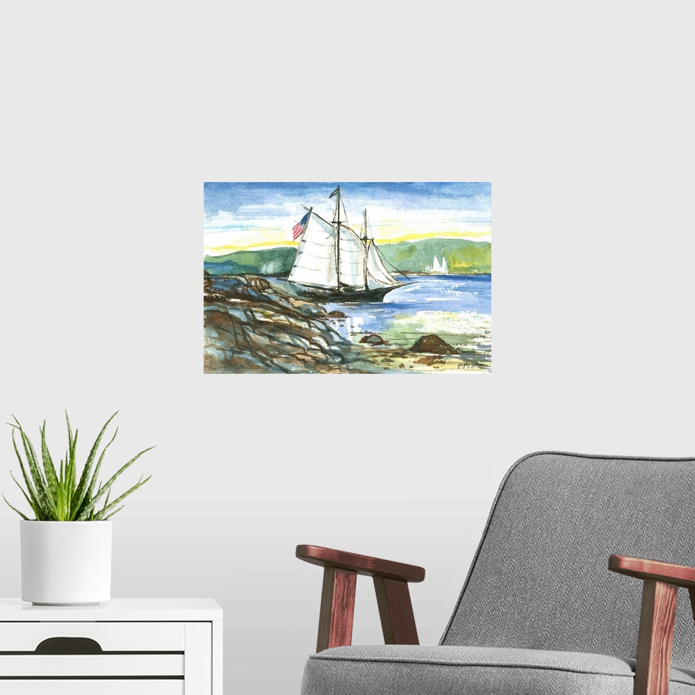 A modern room featuring Watercolor painting of a sailing ship near the rocky coastline.