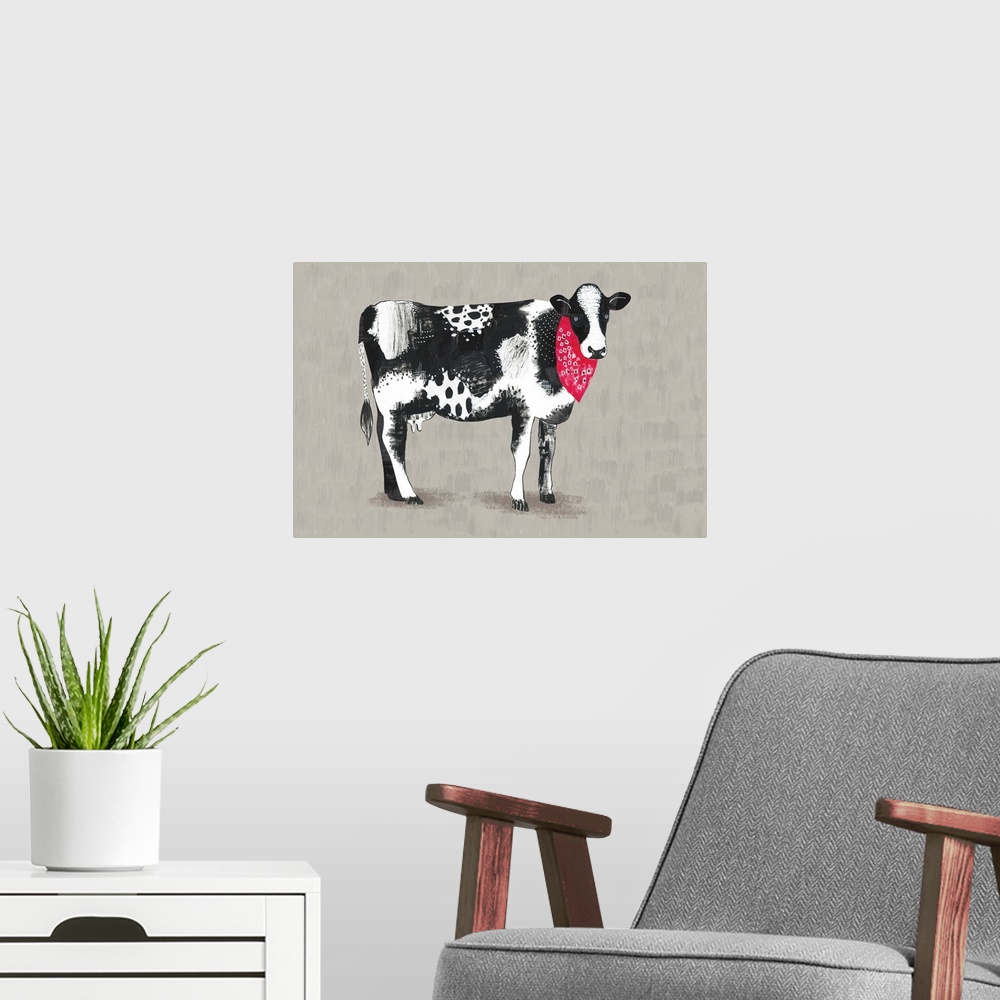 A modern room featuring Stylish and contemporay country art, accented with the classic red bandana.