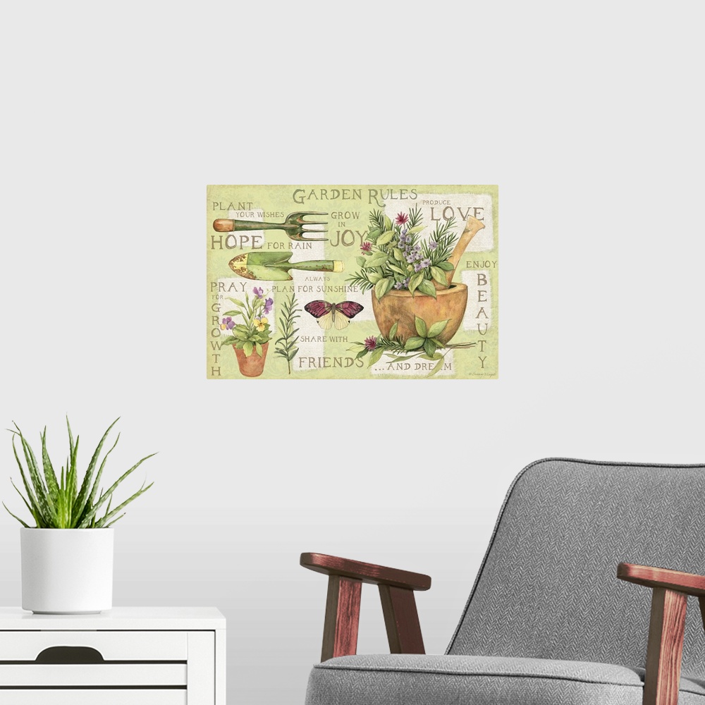 A modern room featuring Garden Rules offer a fun signage design statement.