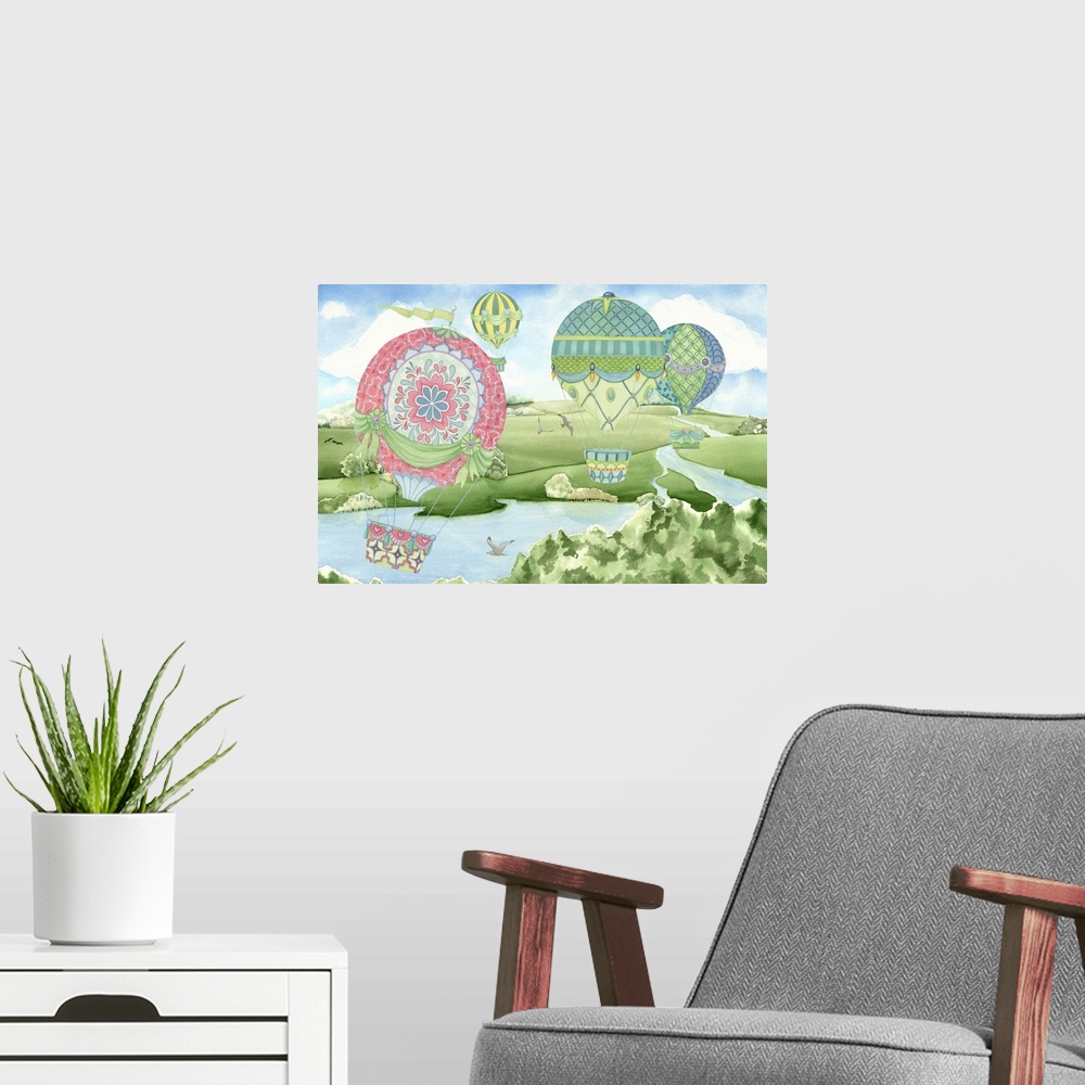 A modern room featuring Soar in the clouds with this charming Hot Air Balloon image!