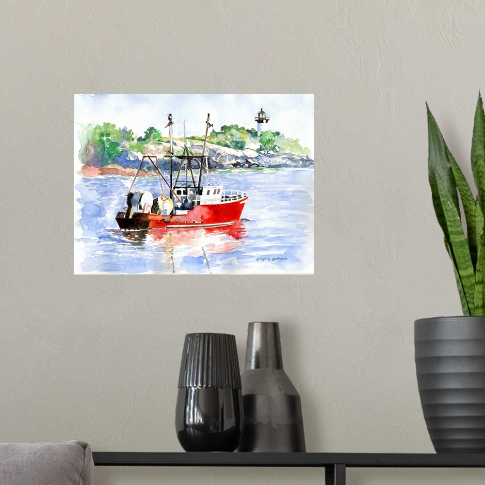 A modern room featuring Red Boat & Lighthouse