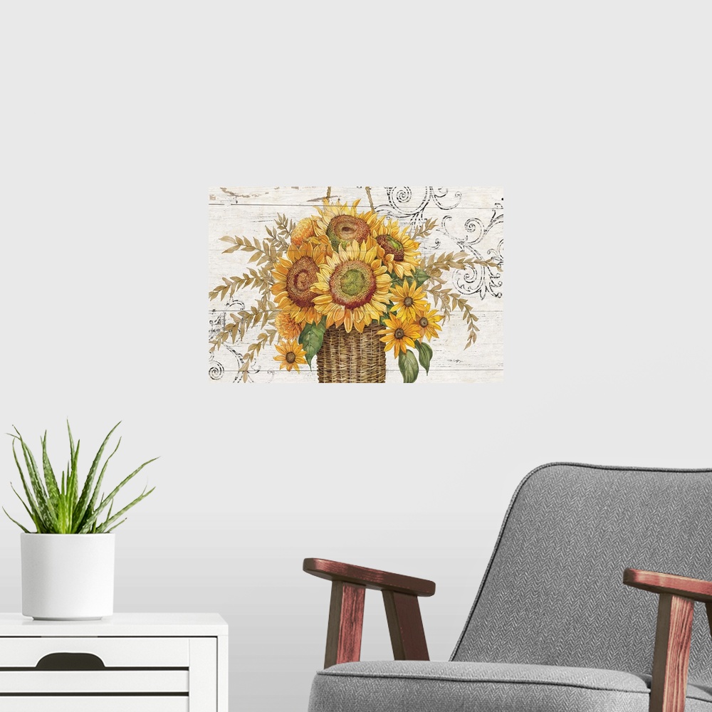 A modern room featuring A rustic basket overflowing with sunflowers