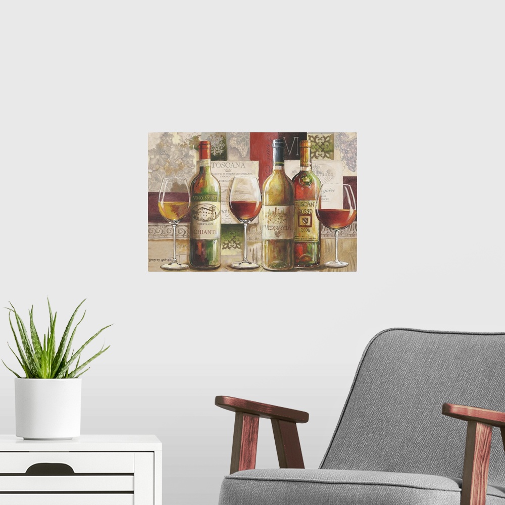 A modern room featuring A classic collage treatment gives this wine an elegant look perfect for dining room decor.