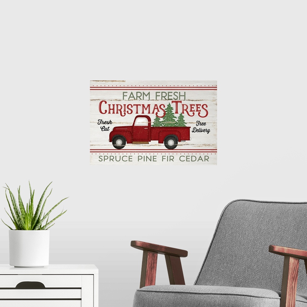 A modern room featuring Vintage Truck Farm Christmas Trees