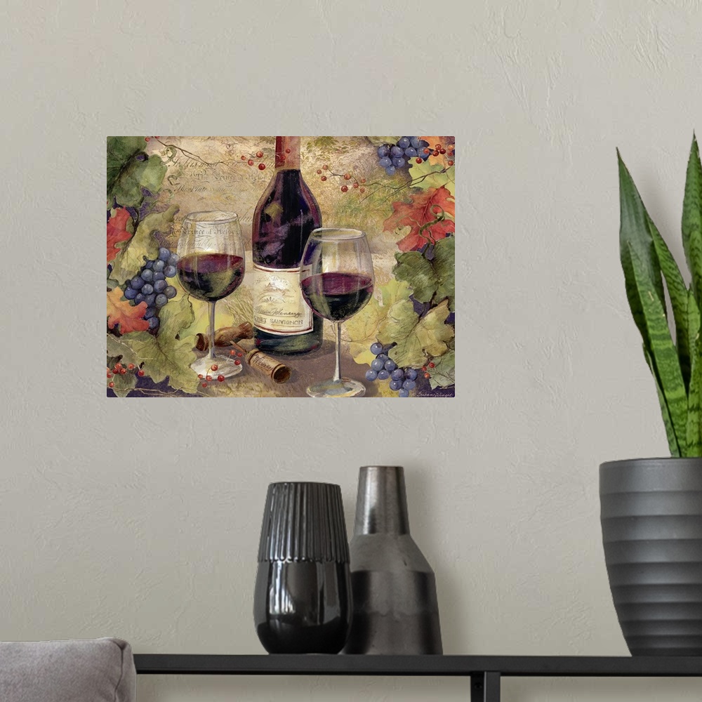 A modern room featuring Wine harvest scene brings the vineyard indoors.