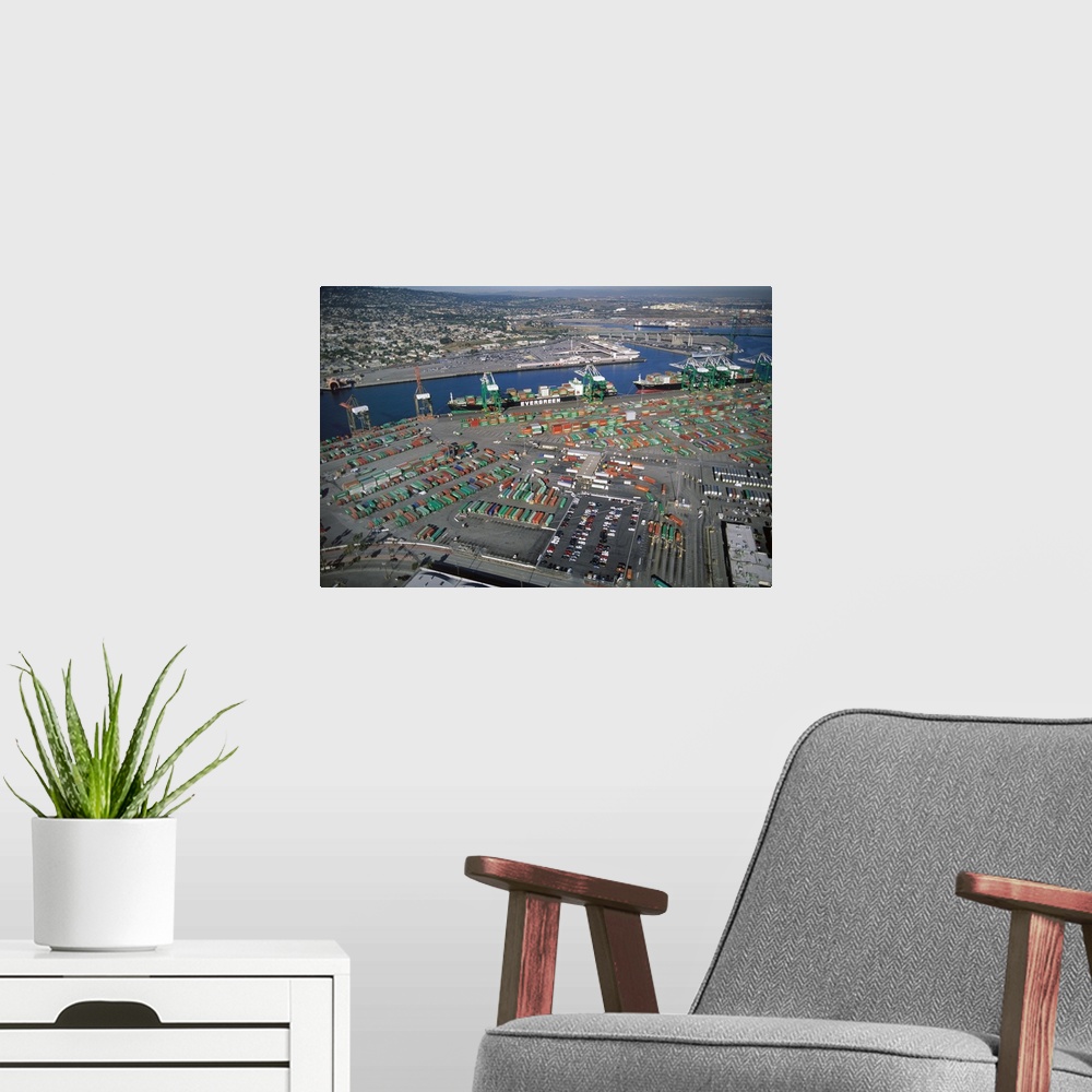 A modern room featuring Aerial view of container yard with ships at Port of Long Beach, California.