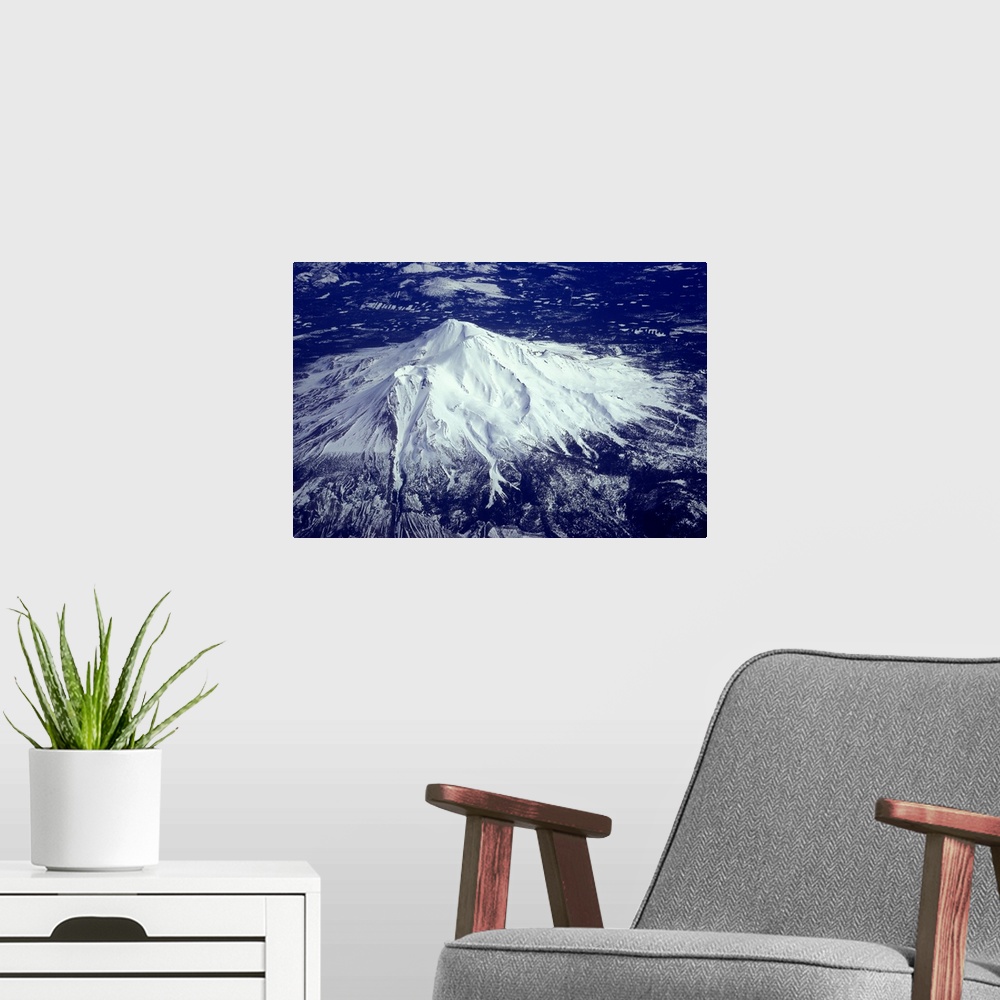 A modern room featuring Aerial view of Three Sisters Mountains in Central Cascades of Oregon.