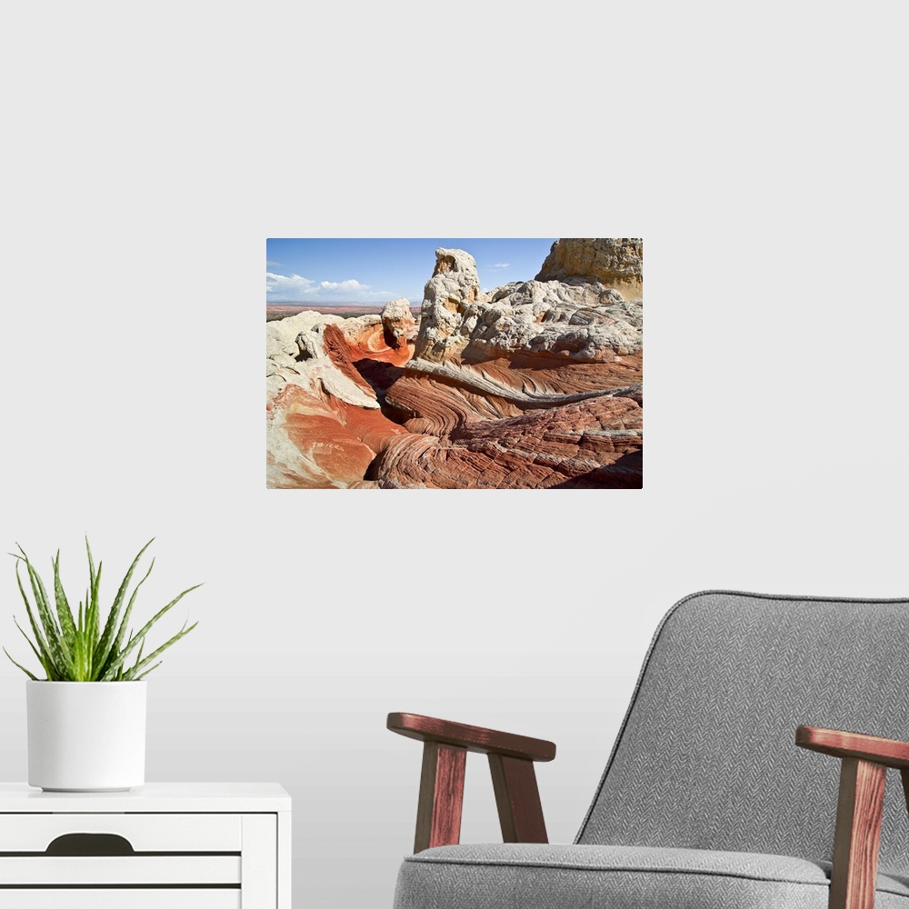 A modern room featuring USA, Arizona, Vermilion Cliffs National Monument. Swirling red and white sandstone formations at ...