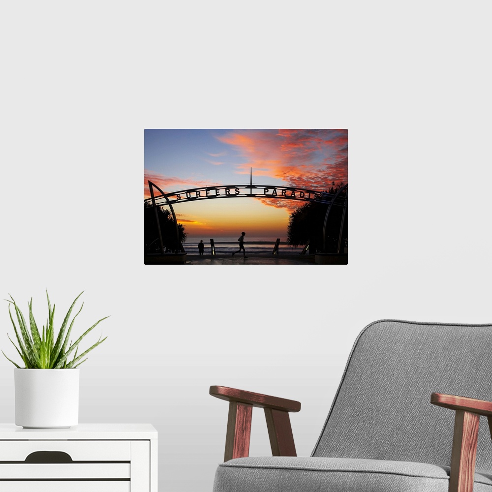 A modern room featuring Australia, Queensland, Gold Coast, Jogger and Sign at Sunrise, Surfers Paradise