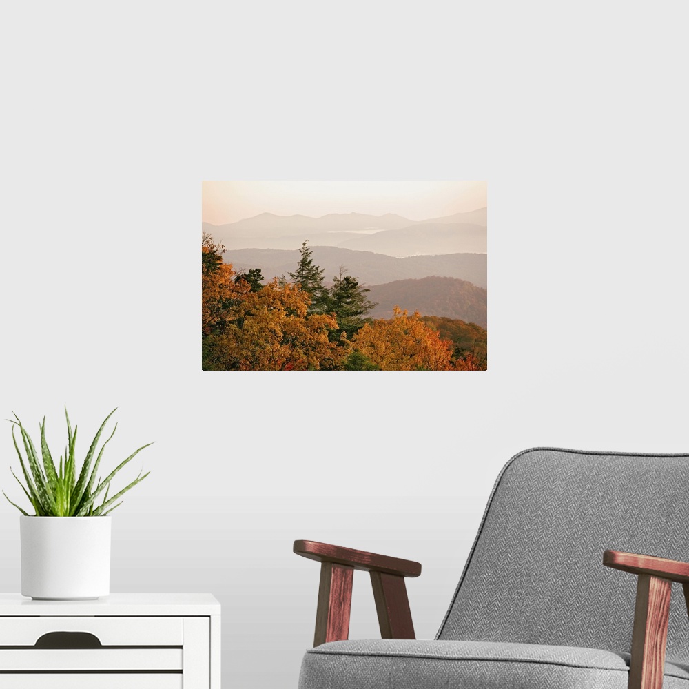 A modern room featuring Autumn colors in the southern Appalachian Mountains at sunrise, from Blue Ridge Parkway, Pisgah N...