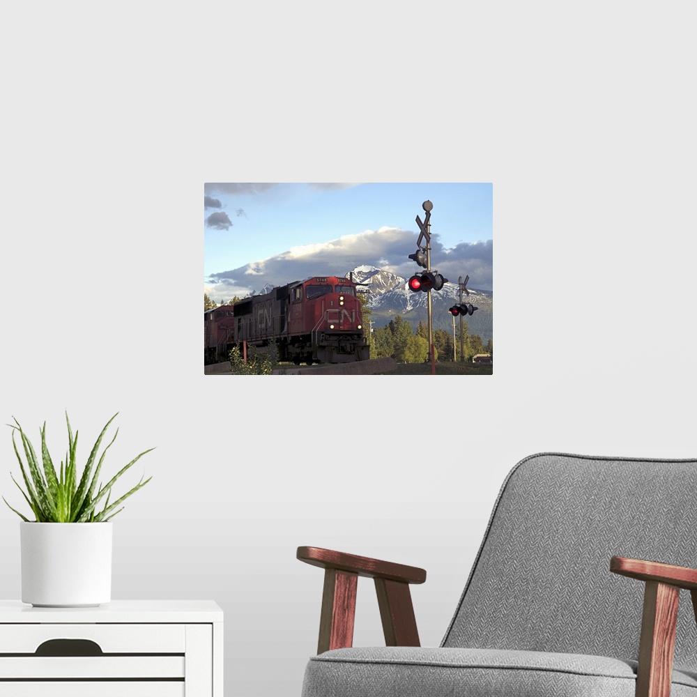 A modern room featuring Canada:  British Columbia, Valemount, train tracks and light in front of Canoe Mountain