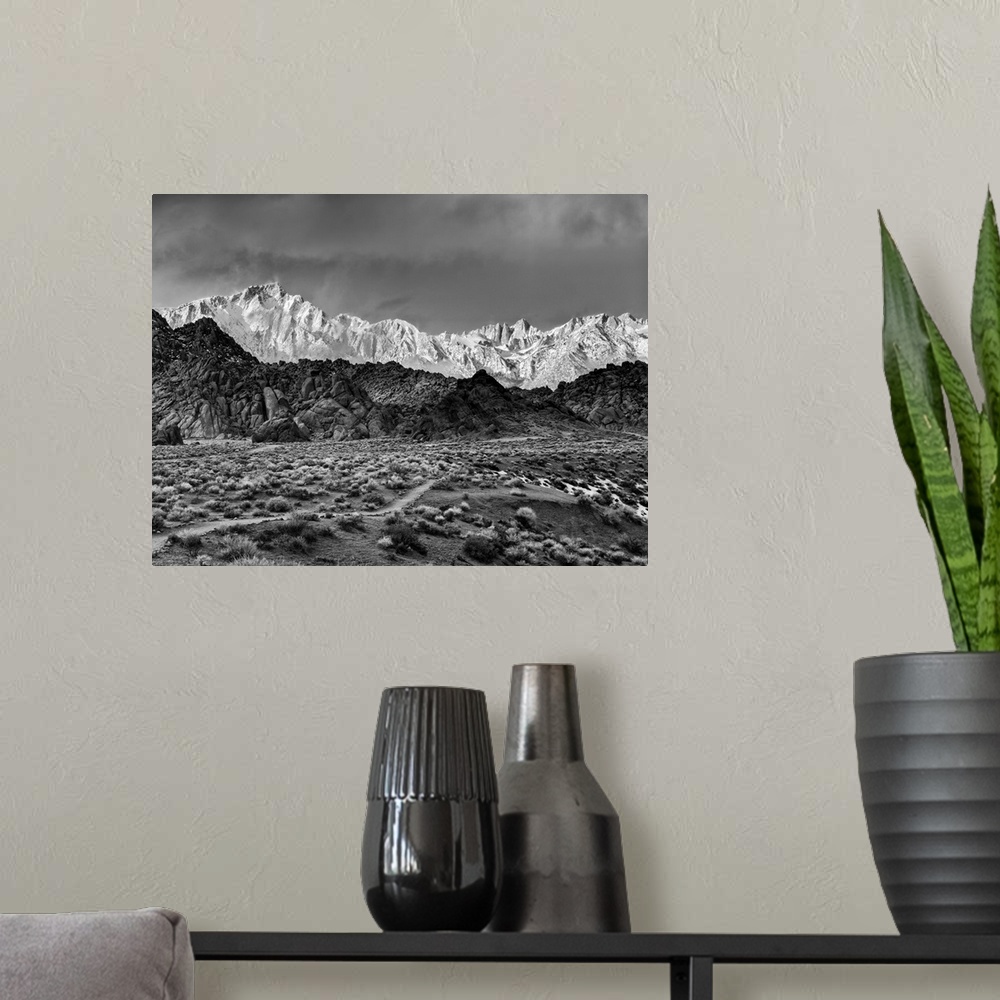 A modern room featuring USA, California, Eastern Sierra, Lone Pine, Lone Pine Peak (left) and Mount Whitney (right) from ...