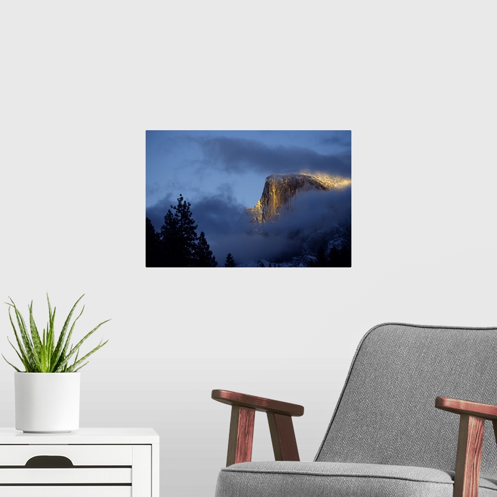 A modern room featuring California, Yosemite National Park, Half Dome at sunset, December.
