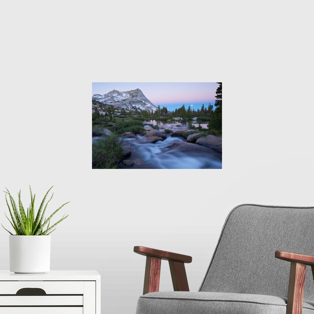 A modern room featuring North America, USA, California, Yosemite National Park. Moonset at sunrise with Vogelsang Peak.