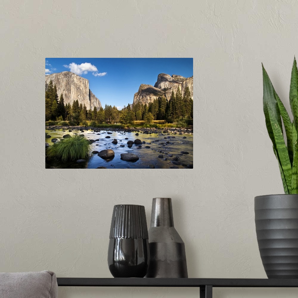A modern room featuring USA, California, Yosemite National Park, The Merced River, El Capitan, and Cathedral Rocks in Yos...