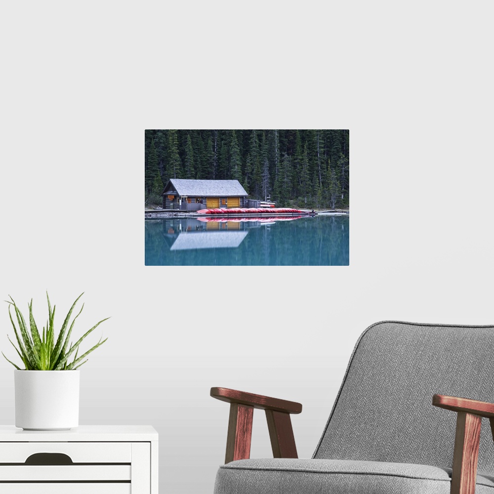A modern room featuring North America, Canada, Alberta, Banff National Park, canoe rental house on Lake Louise, June