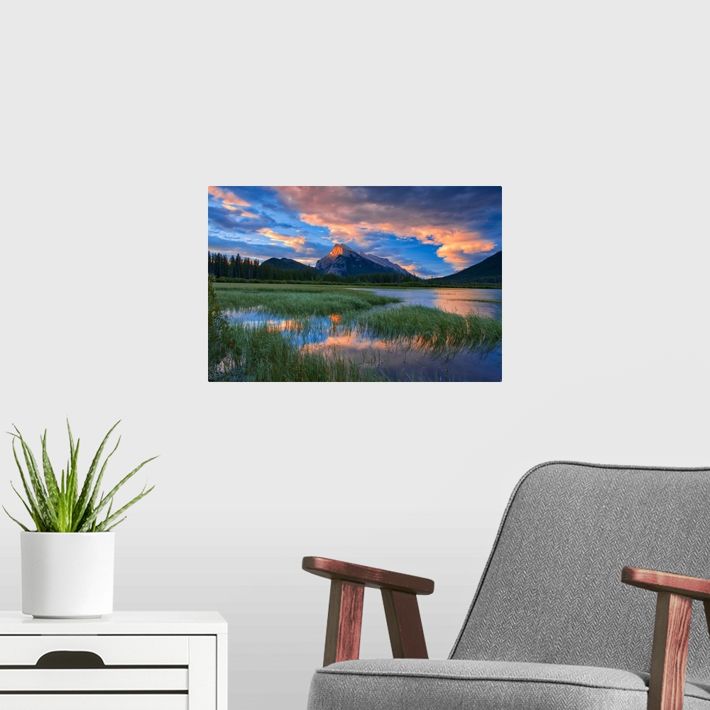 A modern room featuring Canada, Alberta, Banff national park. Vermillion lakes and Mt. Rundle at sunrise.