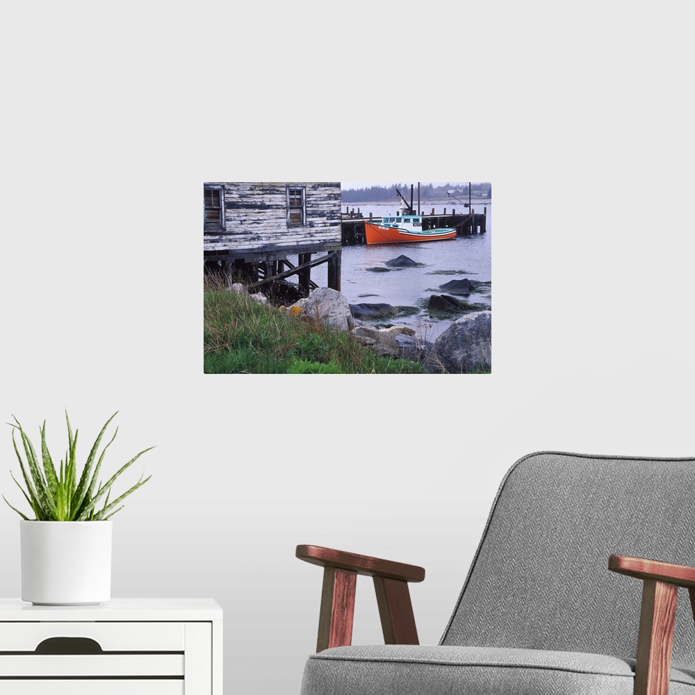 A modern room featuring N.A. Canada, Nova Scotia, Hunts Point.  Lobster boats at dock in harbor.