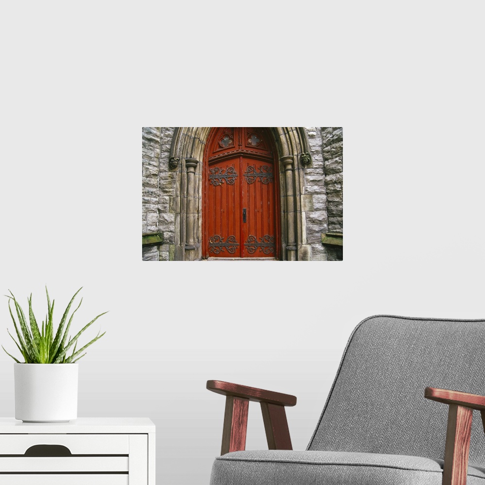 A modern room featuring Canada, Quebec, Montreal, St. George's Anglican Church or L'eglise St. George's, red door.