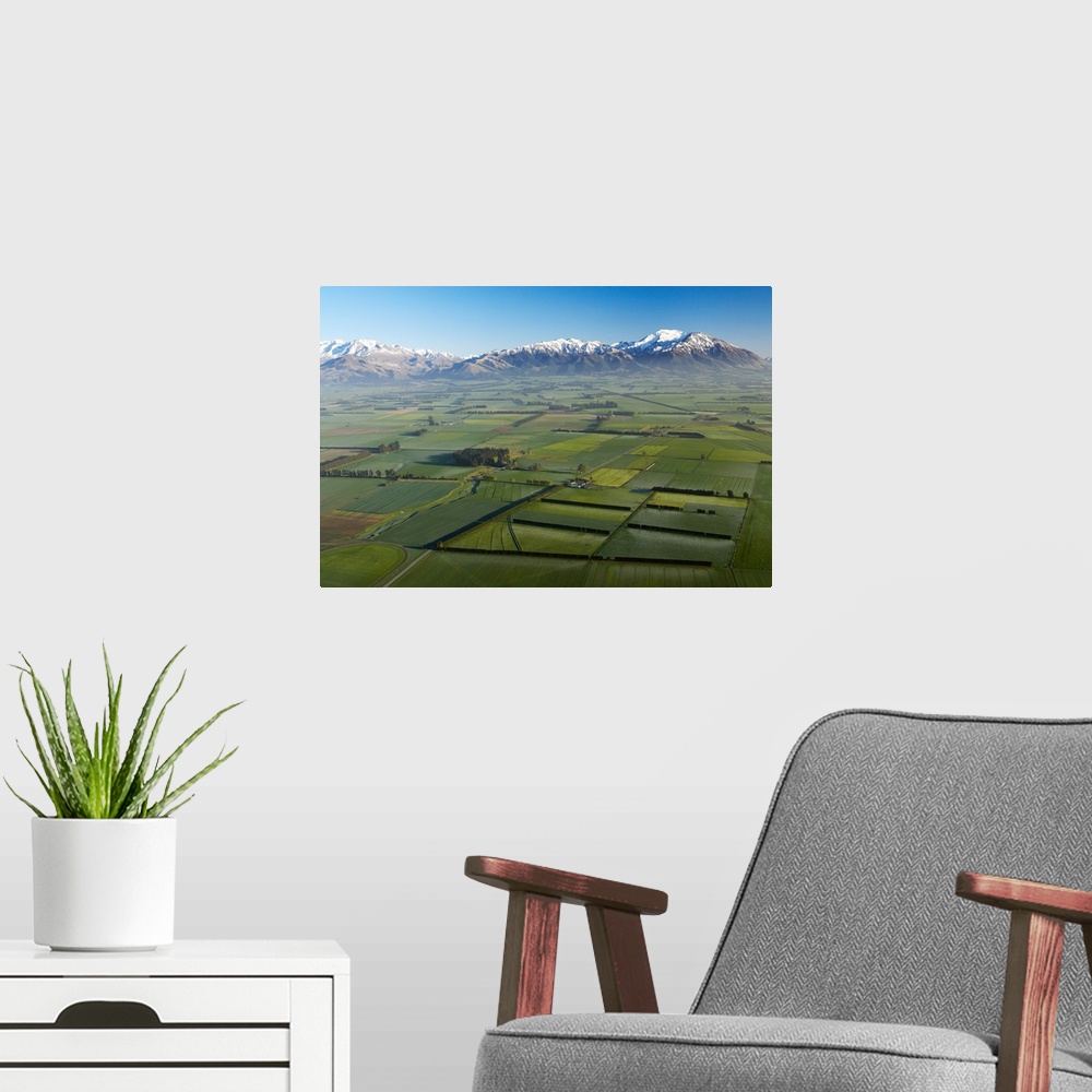 A modern room featuring Canterbury Plains and Southern Alps, near Methven, South Island, New Zealand - aerial