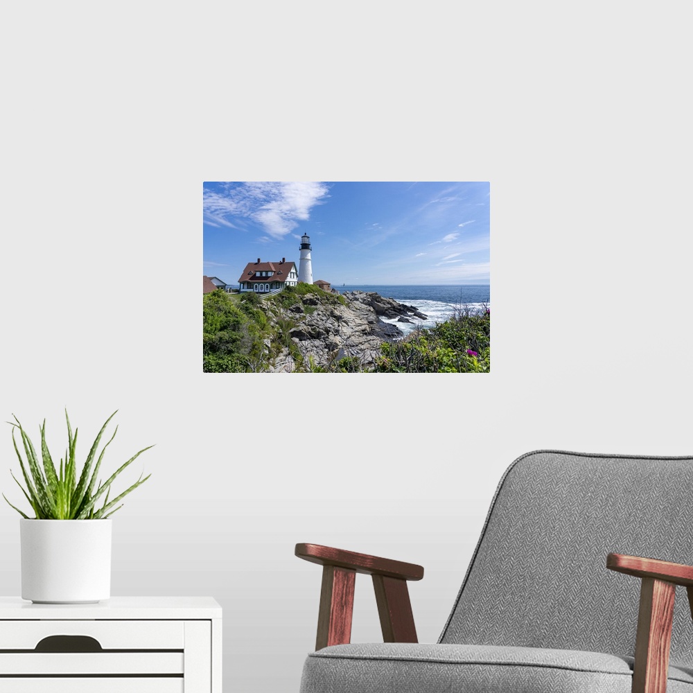 A modern room featuring Cape Elizabeth, Maine, USA. Portland Head Light is a historic lighthouse that sits on a head of l...