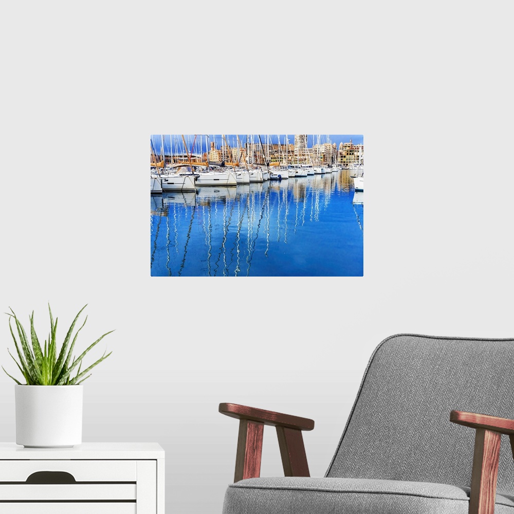 A modern room featuring Colorful marina, Marseille, France. Second largest city in France.