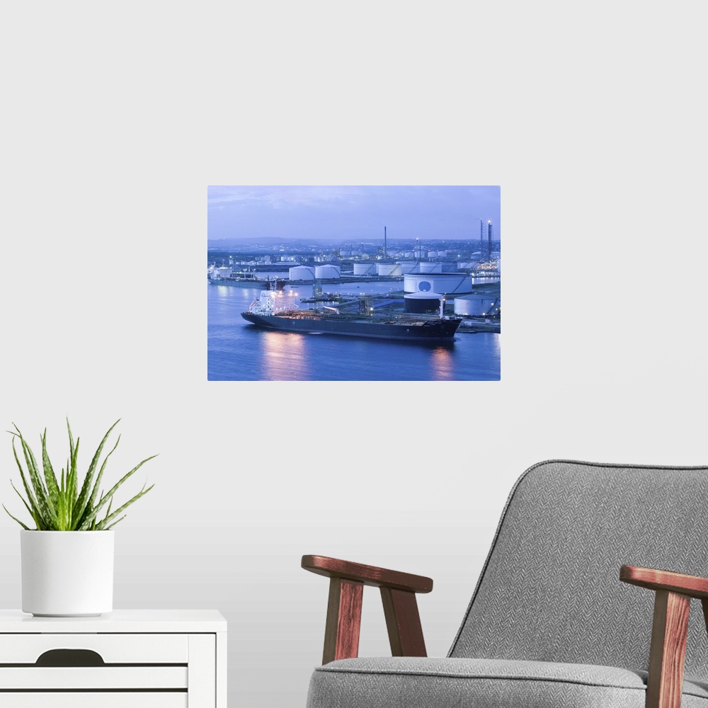 A modern room featuring ABC Islands-CURACAO-Willemstad:.Oil Tankers at Curacao Island Oil Refinery / Evening